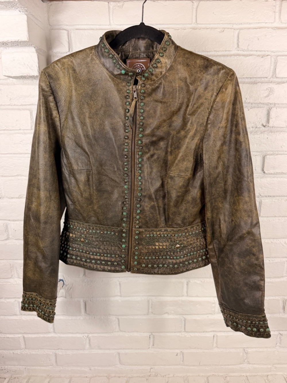 Double D Ranch Leather Jacket Studded Western Distressed Brown Small